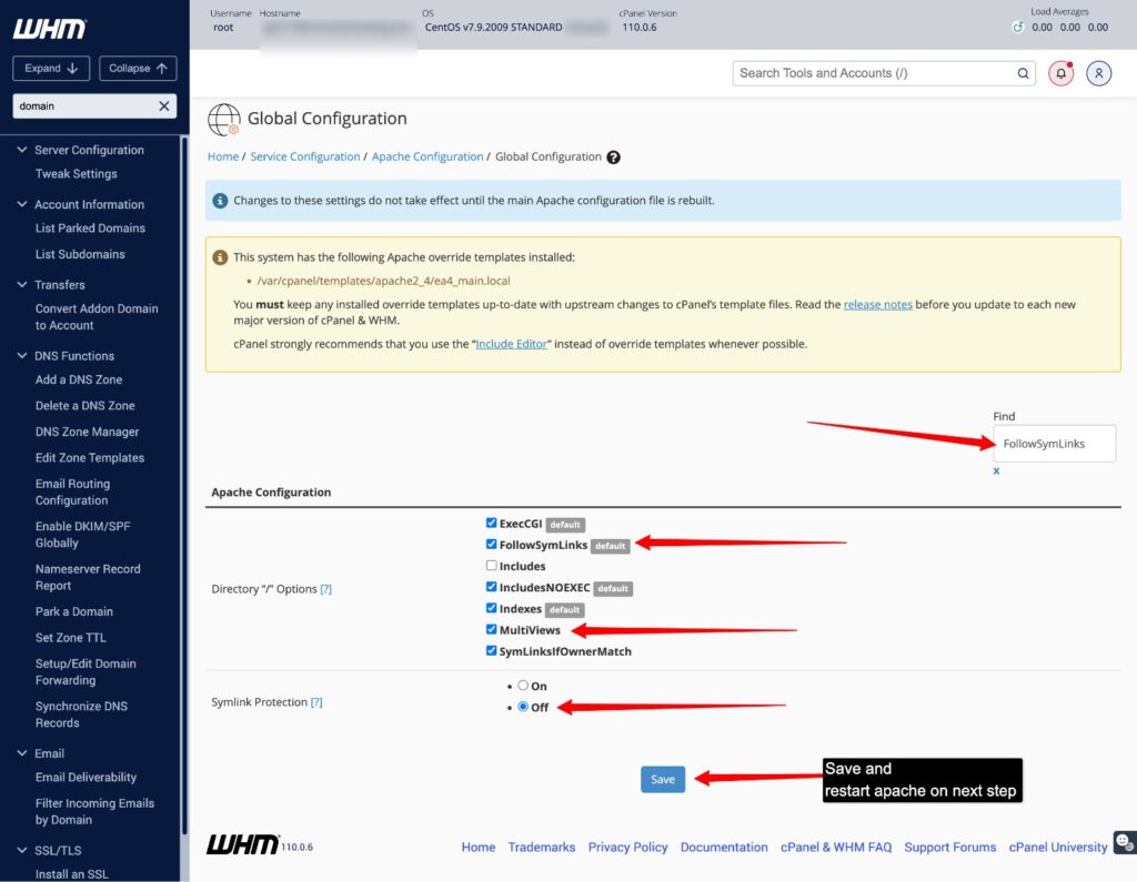 Enable symlink on WHM